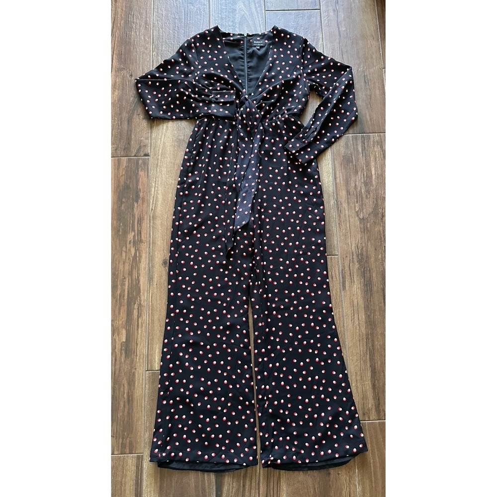 Bardot Polka Dot Jumpsuit Black Red White Wide Leg Tie Front‎ Long Sleeve US 6 S